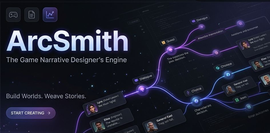 ArcSmith promotional artwork showing a stylized narrative graph